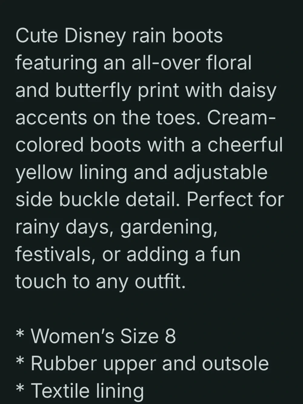 Disney Epcot Garden Festival Butterfly Daisy Rain Boots New W/O Tags